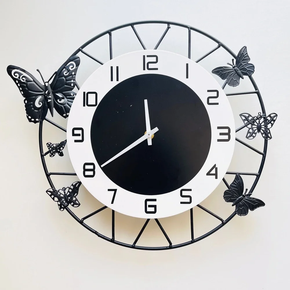 Black And White Metal Wall Clock With Butterfly Design Home Decor 13.5” Diameter